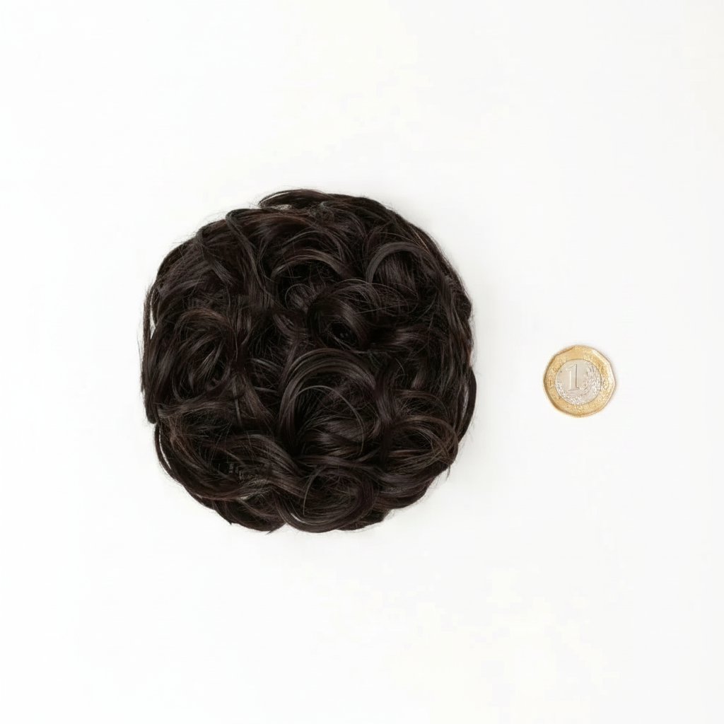 Flat lay of chocolate brown curly messy hair bun 4 Chocolate Dahlia beside a £1 coin showing product size, clean white background with soft overhead lighting