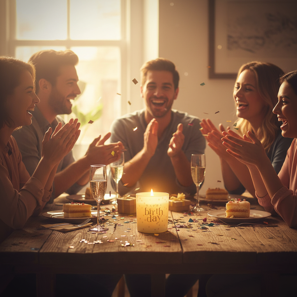 Friends celebrating a birthday with a glowing Happy Birthday Confetti Candle in golden hour light