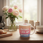Gift Mug Mother Like No Other - beautifully presented on a warm kitchen background with fresh flowers