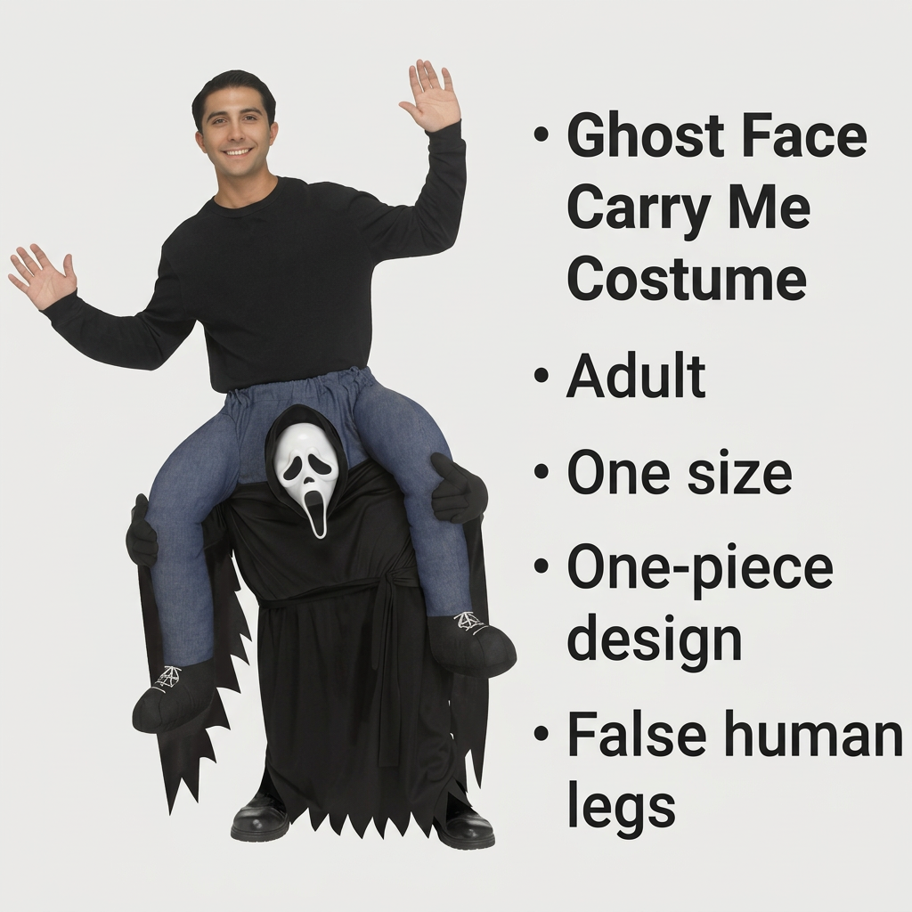 Ghost Face carry-me costume beside adult one-size and one-piece product information