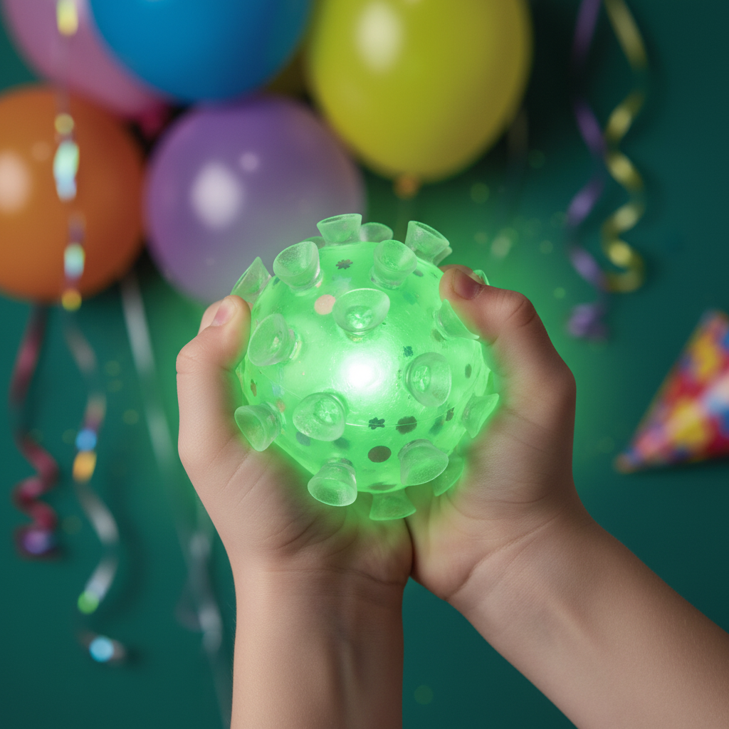 Child's hands squeezing glowing green Squish Squeeze Strobe ball at kids birthday party