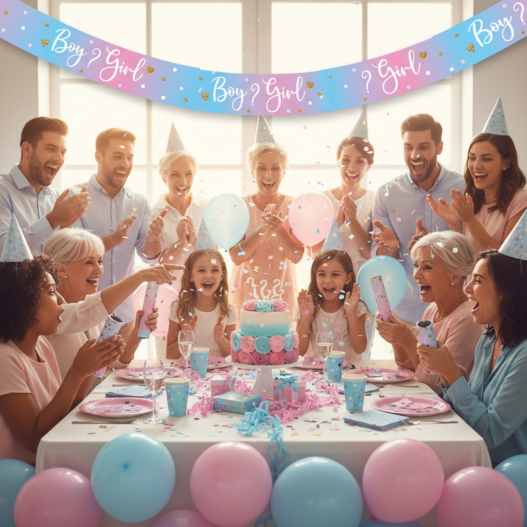 Gender reveal party celebration with Boy or Girl banner displayed above party table with guests
