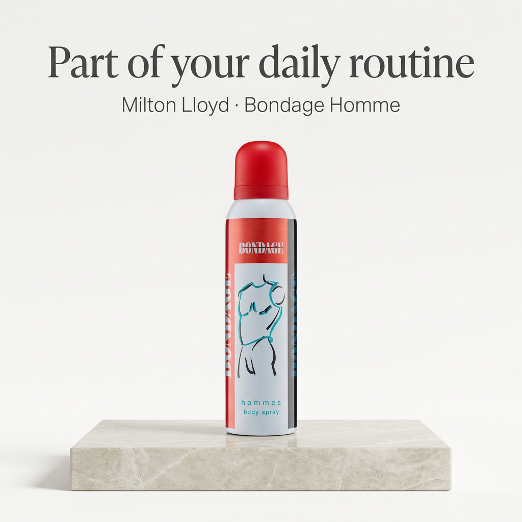 Milton Lloyd Bondage Homme body spray on a pale stone podium beneath daily routine wording.