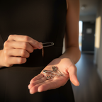 Aspirational scene — person confidently fixing a wardrobe emergency with a silver safety pin in warm golden hour light