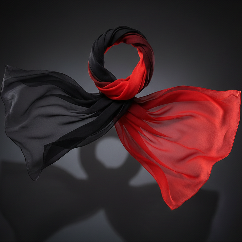 Red and black gradient chiffon scarf draped on dark background showing dramatic colour gradient and sheer fabric