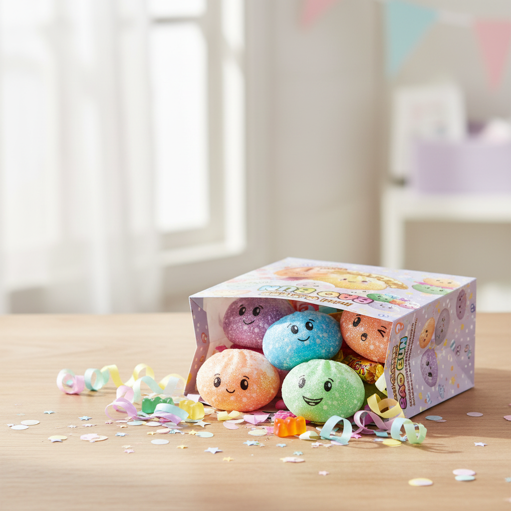 Mini glitter bao bun squishy toys in a colourful children's party bag with confetti and ribbon on a light wooden table
