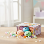 Mini glitter bao bun squishy toys in a colourful children's party bag with confetti and ribbon on a light wooden table