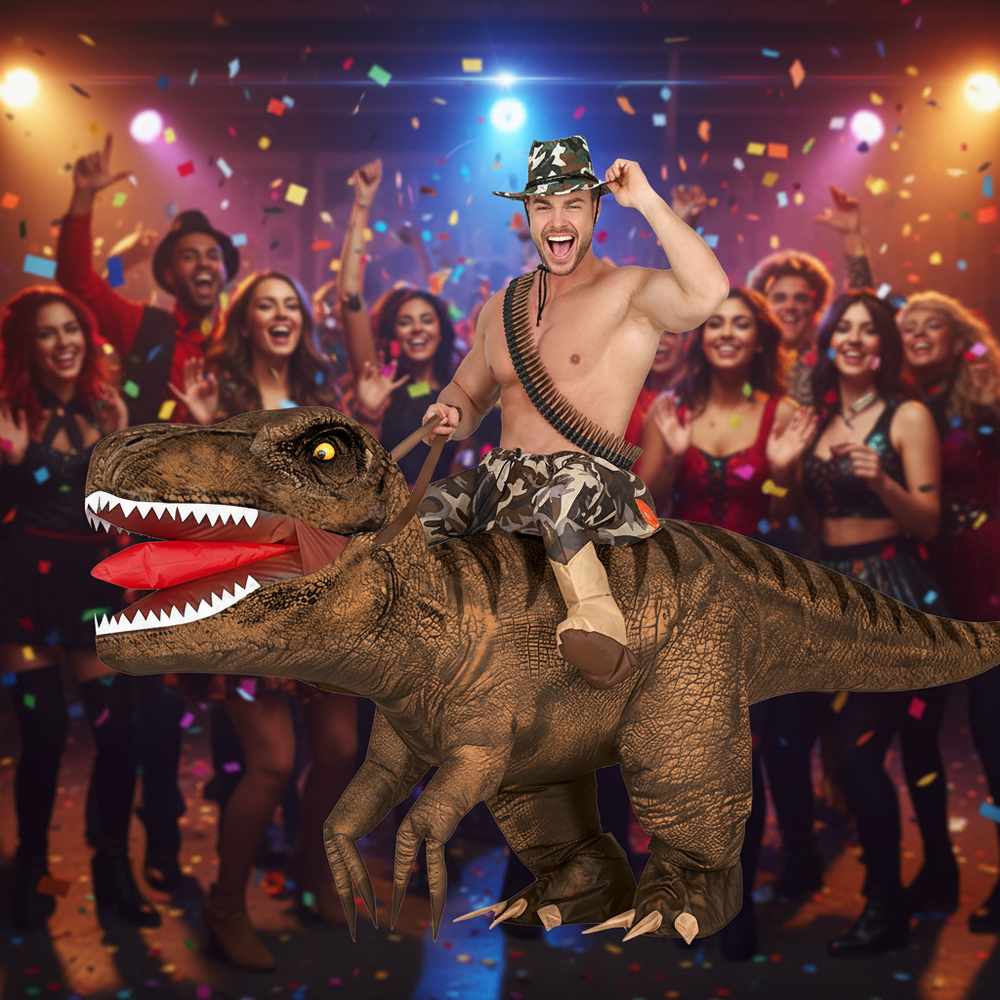 Man wearing inflatable T-Rex ride-on costume at a Halloween party - lifestyle image