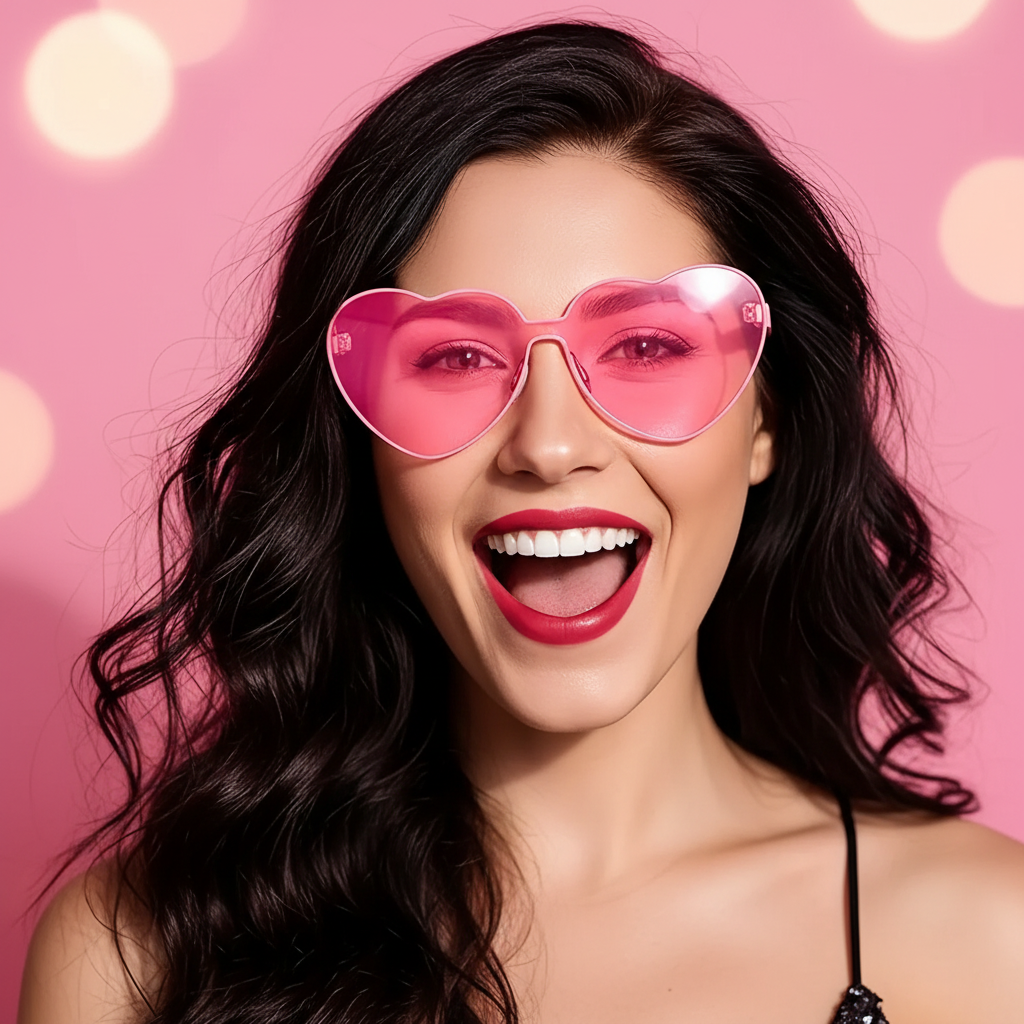 Close-up of woman wearing pink heart shaped fashion glasses showing playful heart frame detail - Why Not Shop