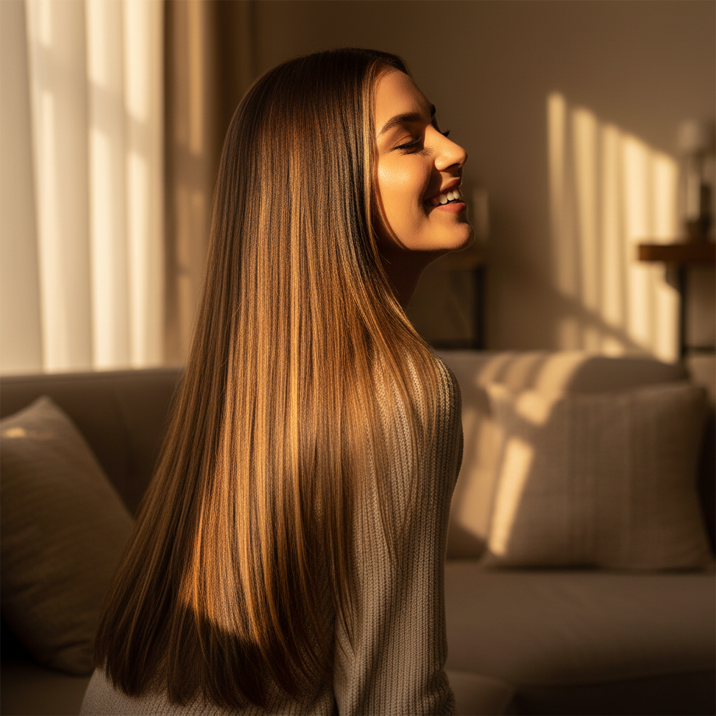 Woman with long flowing dark brown hair with golden caramel highlights, golden hour window light, aspirational lifestyle shot