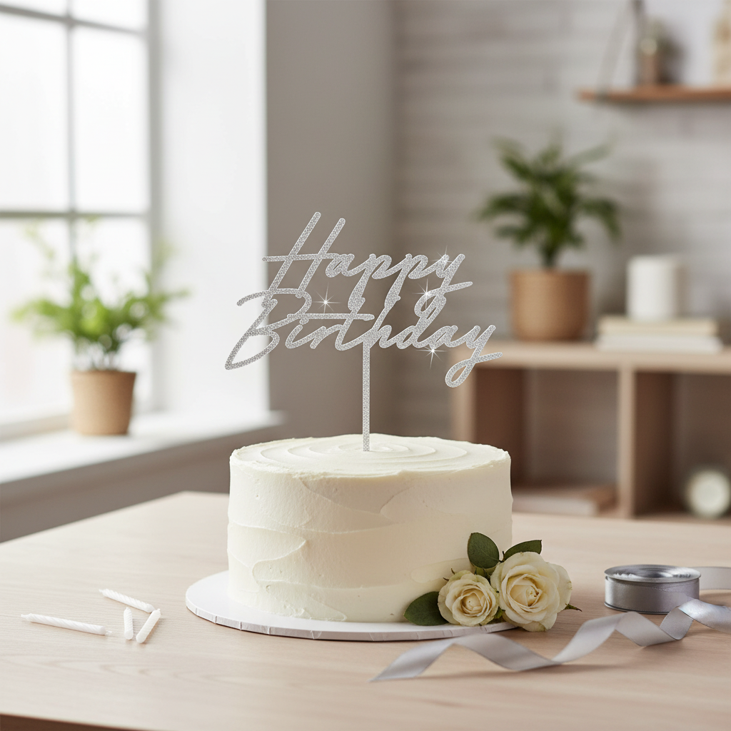 Silver glitter acrylic Happy Birthday cake topper displayed on a birthday cake in a home celebration setting with minimal complementary props including candles and white flowers