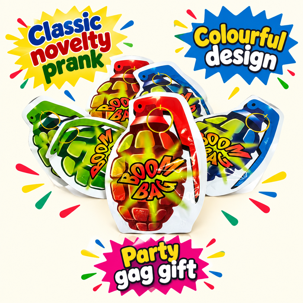 Colourful HTI Boom Bomb Bags with classic novelty prank and party gag gift captions