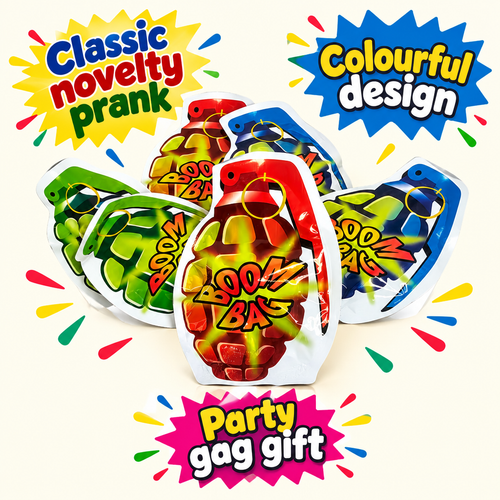 Colourful HTI Boom Bomb Bags with classic novelty prank and party gag gift captions