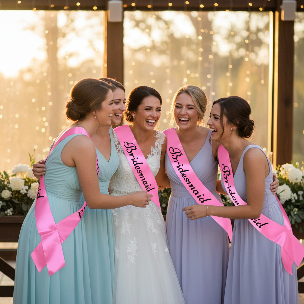 Bridesmaids wearing pink satin sashes with black writing laughing and hugging the bride at a wedding venue