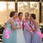 Bridesmaids wearing pink satin sashes with black writing laughing and hugging the bride at a wedding venue