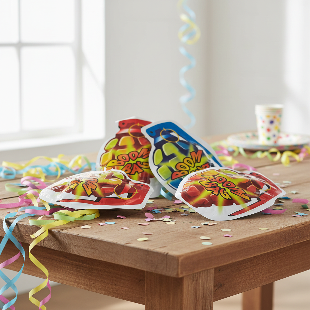 HTI Boom Bomb Bags arranged on a wooden party table with colourful streamers and confetti in natural window light