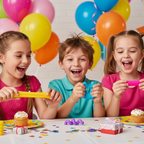 Three kids at a birthday party each stretching different neon Scrunchems pasta shapes with balloons and streamers in background