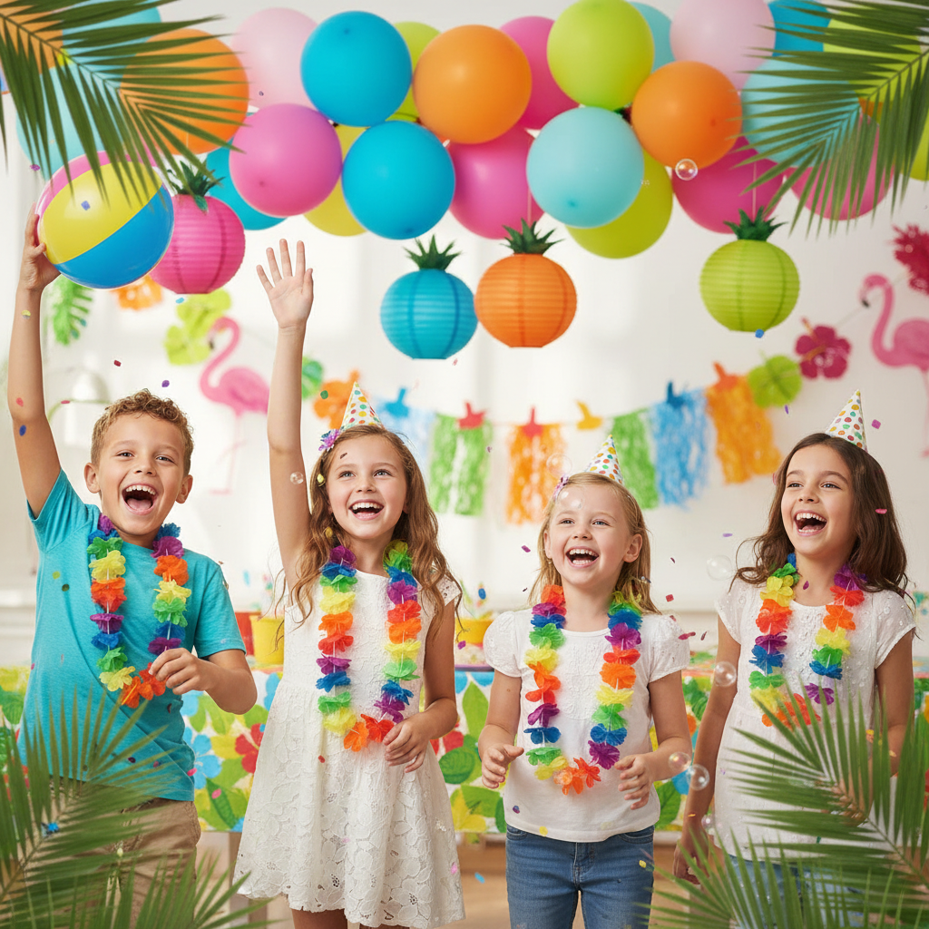 Children wearing rainbow flower leis at tropical themed birthday party