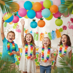 Children wearing rainbow flower leis at tropical themed birthday party