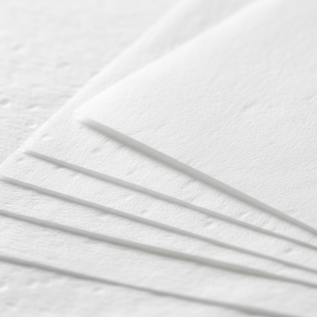 Extreme macro close-up of white tissue paper texture showing delicate fibres and soft translucent quality