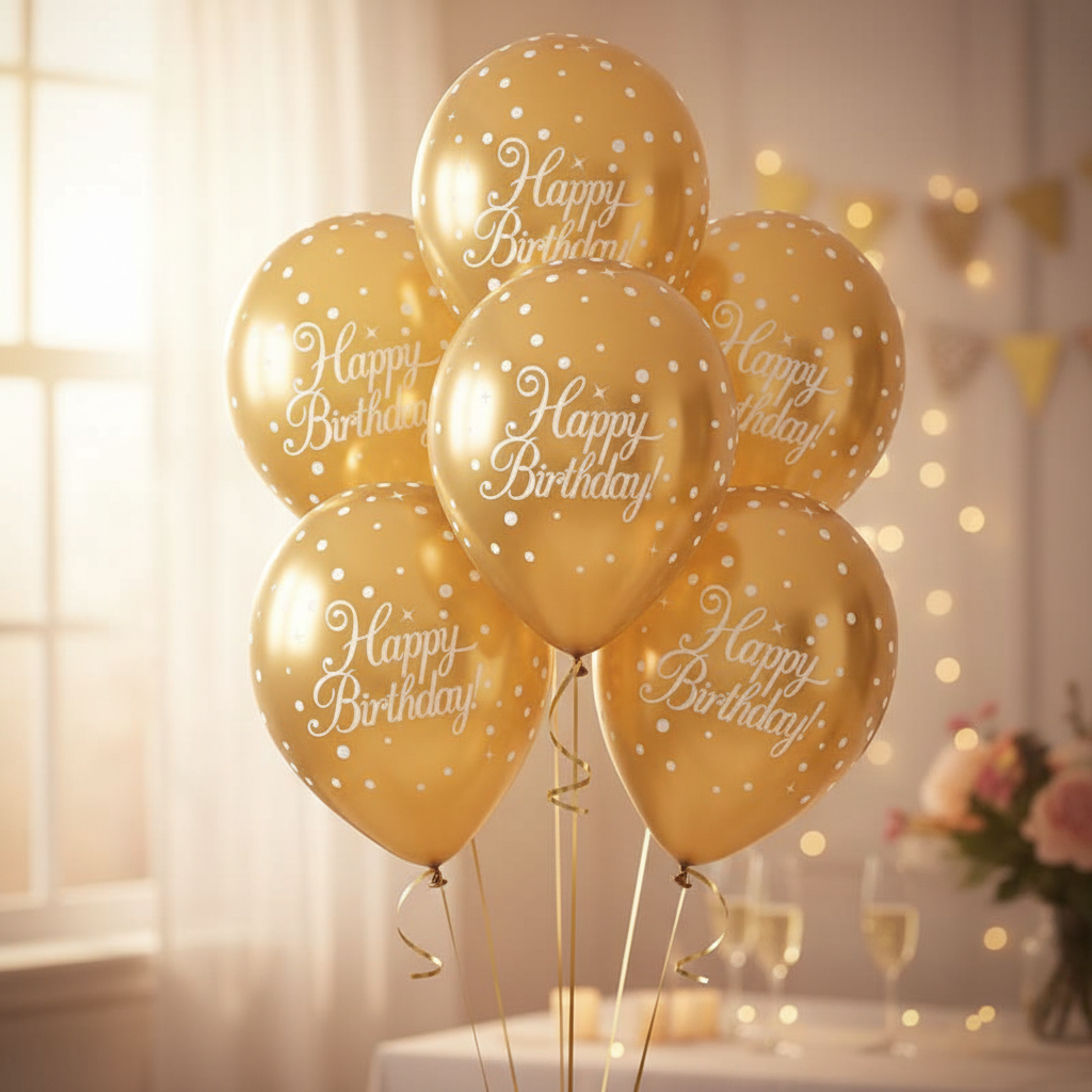 Cluster of six metallic gold Happy Birthday balloons floating in a warmly lit party room with golden hour light catching the sparkling fizz finish