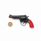 8-Shot Toy Cap Gun Play Set flat lay beside £1 coin showing product size scale