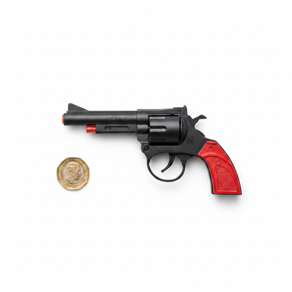8-Shot Toy Cap Gun Play Set flat lay beside £1 coin showing product size scale