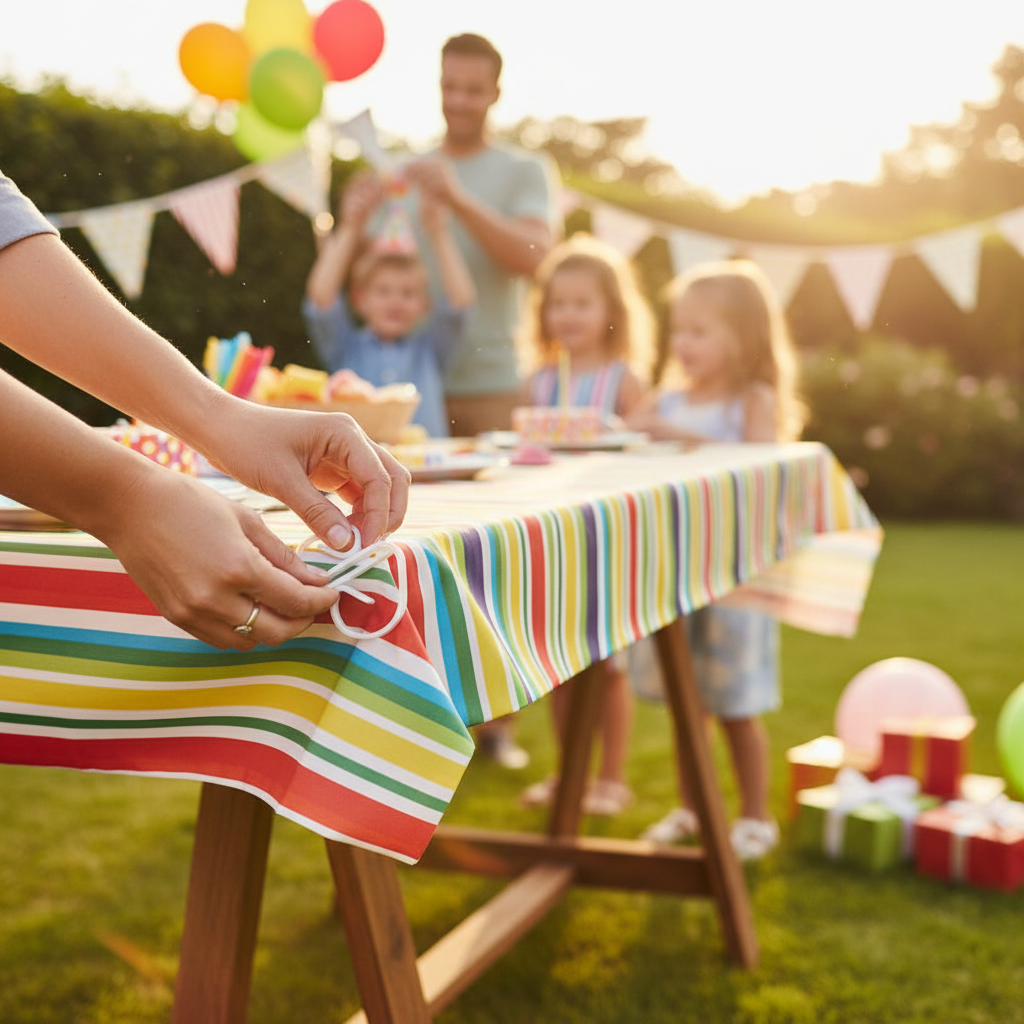 Woman clipping tablecover clips onto a party tablecloth at an outdoor birthday celebration