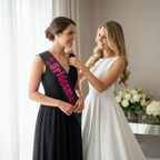 Bride adjusting a black bridesmaid sash with hot pink foil letters on her bridesmaid in a sunlit bridal suite