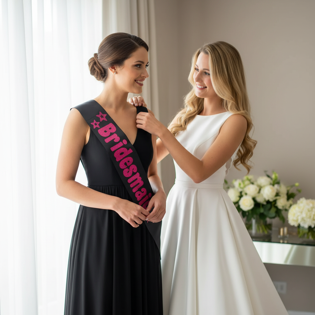 Bride adjusting a black bridesmaid sash with hot pink foil letters on her bridesmaid in a sunlit bridal suite
