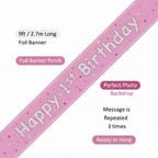 Pink Glitz Happy 1st Birthday Banner feature infographic showing 9ft length and key details