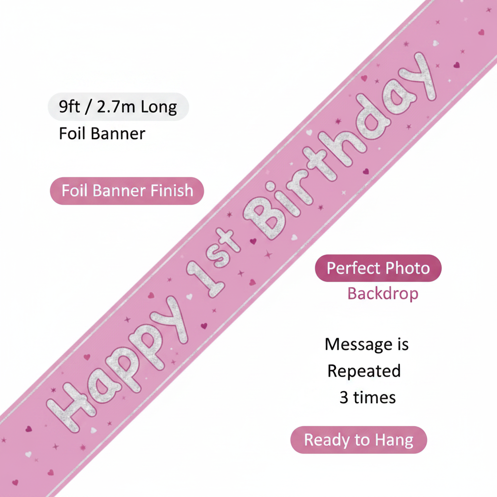 Pink Glitz Happy 1st Birthday Banner feature infographic showing 9ft length and key details
