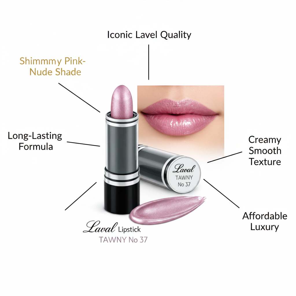 Laval Lipstick Tawny No 37 feature infographic — shimmery shade, long-lasting, creamy texture, affordable luxury, Laval quality