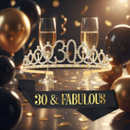 Gold 30th birthday tiara with black and gold sash on luxurious party background with balloons and champagne