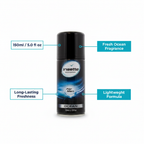 Insette Mens Body Spray Ocean 150ml feature infographic showing key benefits including fresh ocean fragrance, long-lasting freshness and lightweight formula