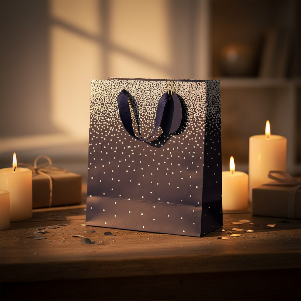 Navy ombre gift bag with silver dot pattern in a warm golden hour celebration scene with candles and wrapped gifts