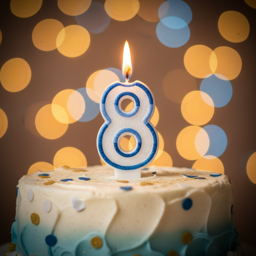Lit blue glitter number 8 birthday candle glowing warmly on birthday cake, golden hour cinematic light