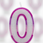 Extreme macro close-up of pink glitter border texture on number 0 birthday candle
