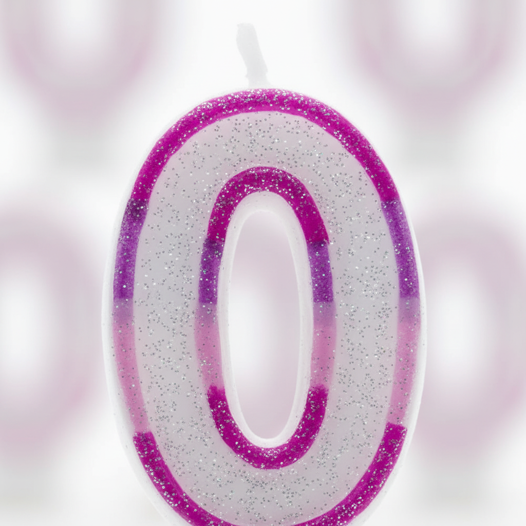 Extreme macro close-up of pink glitter border texture on number 0 birthday candle