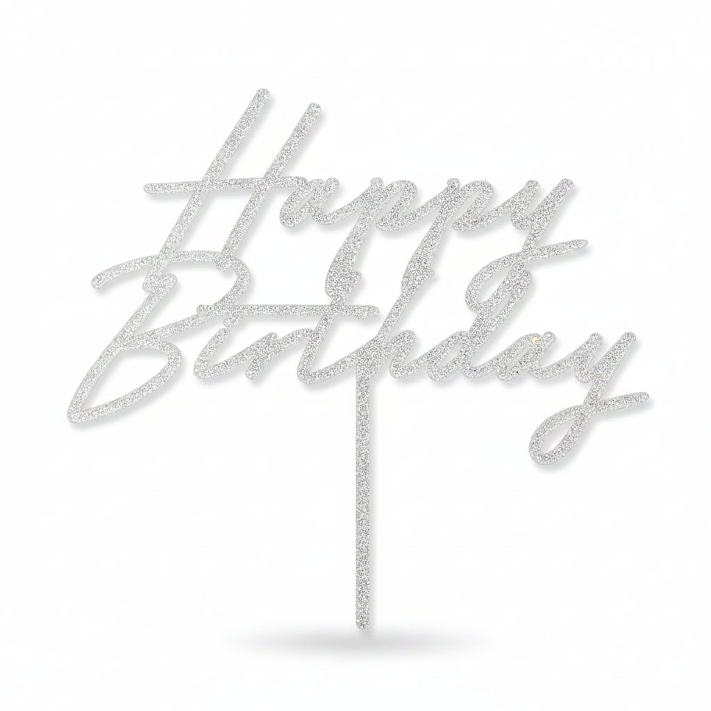 Silver glitter acrylic Happy Birthday cursive script cake topper on a white seamless background, showing dense all-over silver glitter finish with spike