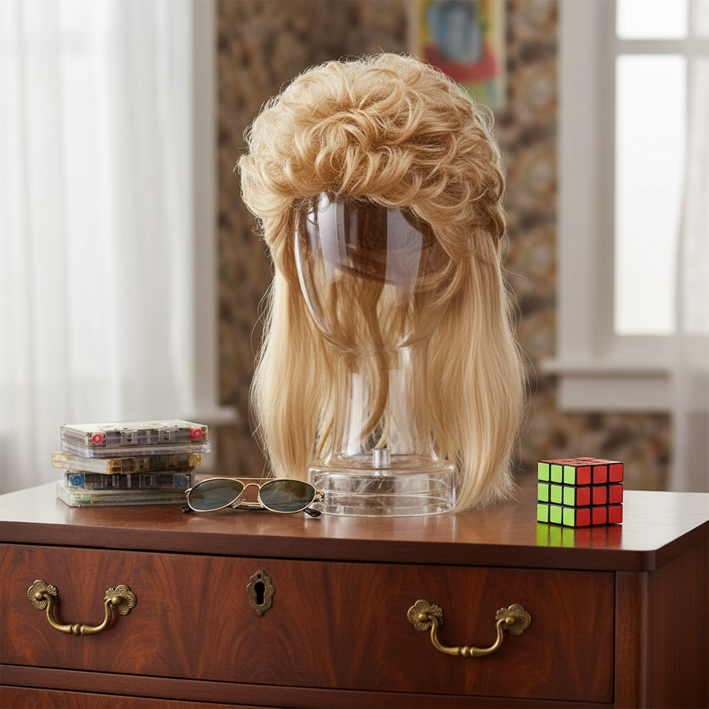 Men's 1980s blonde mullet wig on a wig stand on a vintage wooden dresser with retro 80s props including cassette tapes, sunglasses and a Rubik's cube, natural window light