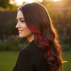 Woman's hair styled with a vivid cherry red Stargazer clip-in extension streak showing the bold colour transformation result