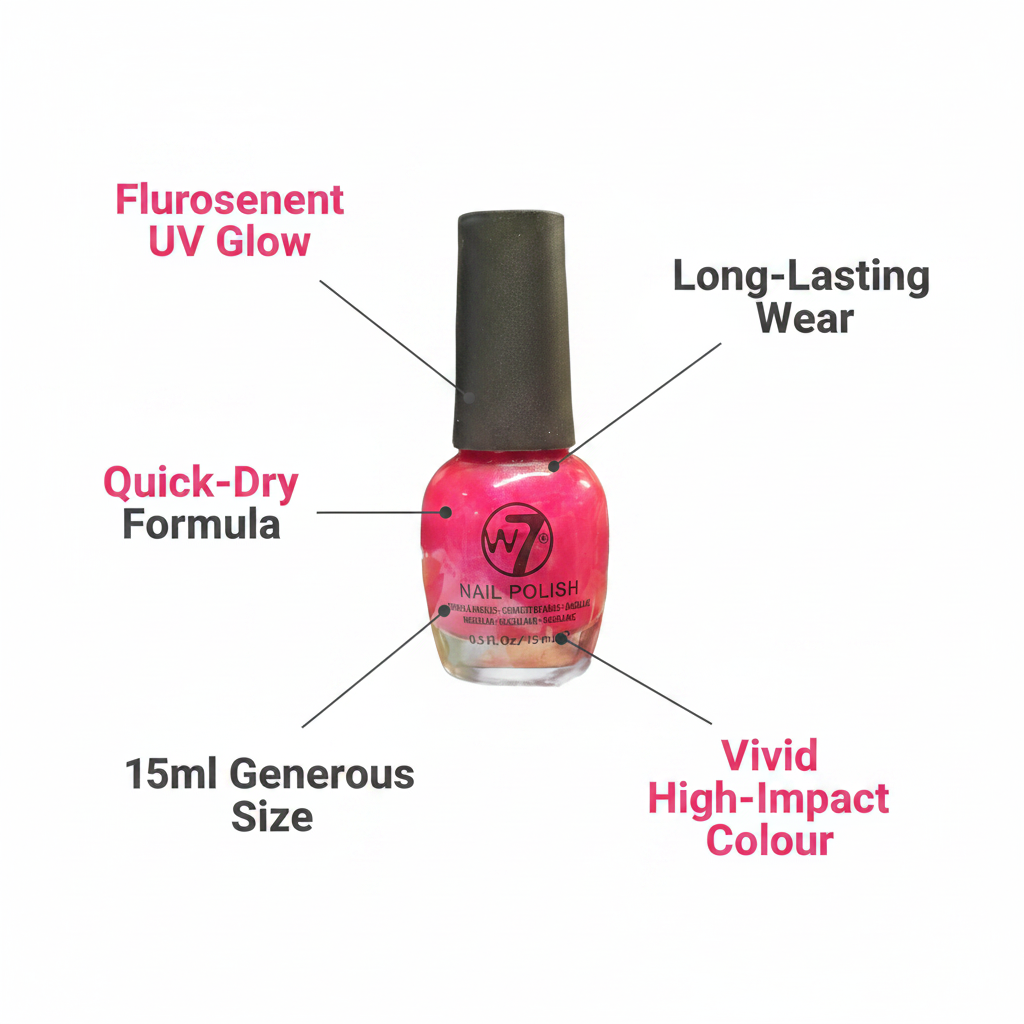 W7 Fluorescent Pink Nail Polish 15ml premium feature infographic with callout labels: Fluorescent UV Glow, Quick-Dry Formula, 15ml Generous Size, Long-Lasting Wear, Vivid High-Impact Colour