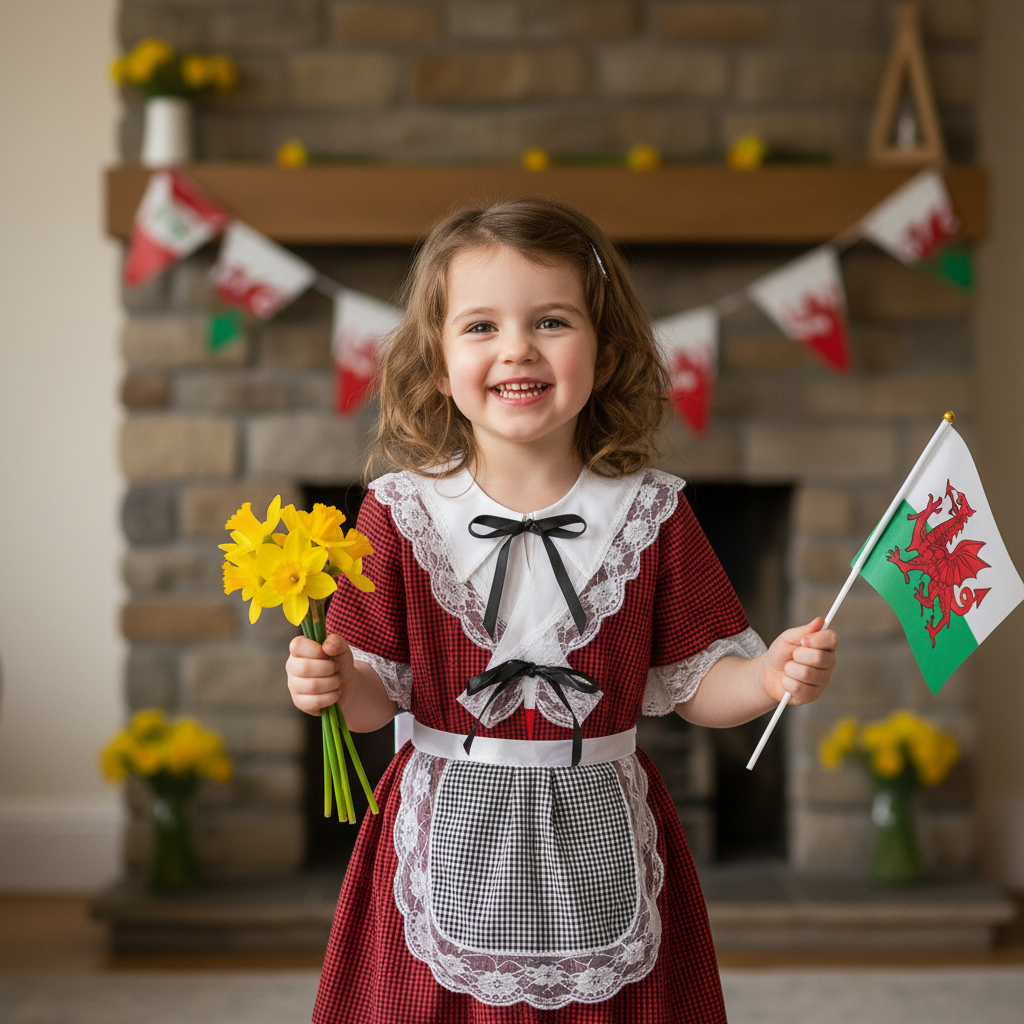 Happy girl aged 3-4 years wearing traditional Welsh costume with red dress and white lace in cozy home setting for St David's Day