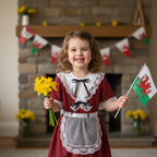 Happy girl aged 3-4 years wearing traditional Welsh costume with red dress and white lace in cozy home setting for St David's Day