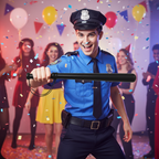Police officer costume with black truncheon in action pose - dynamic lifestyle shot at themed event