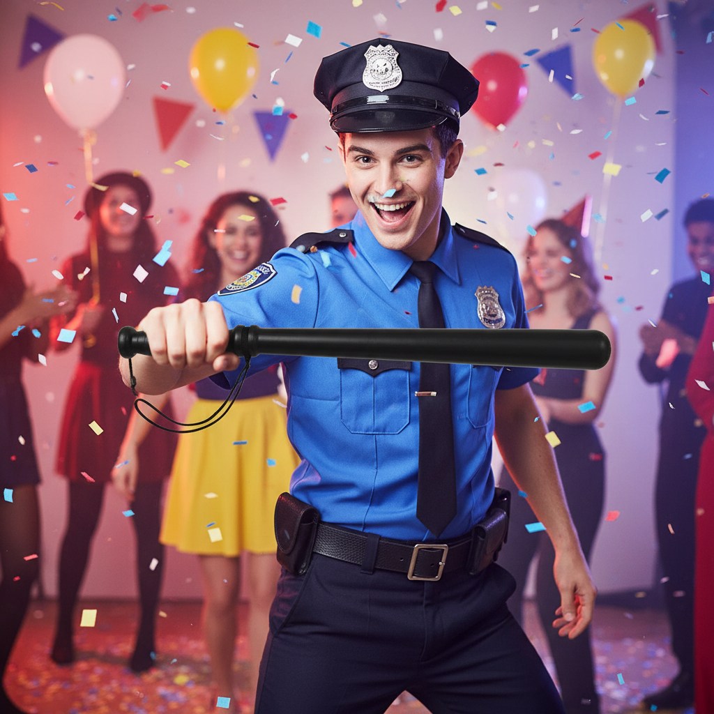Police officer costume with black truncheon in action pose - dynamic lifestyle shot at themed event