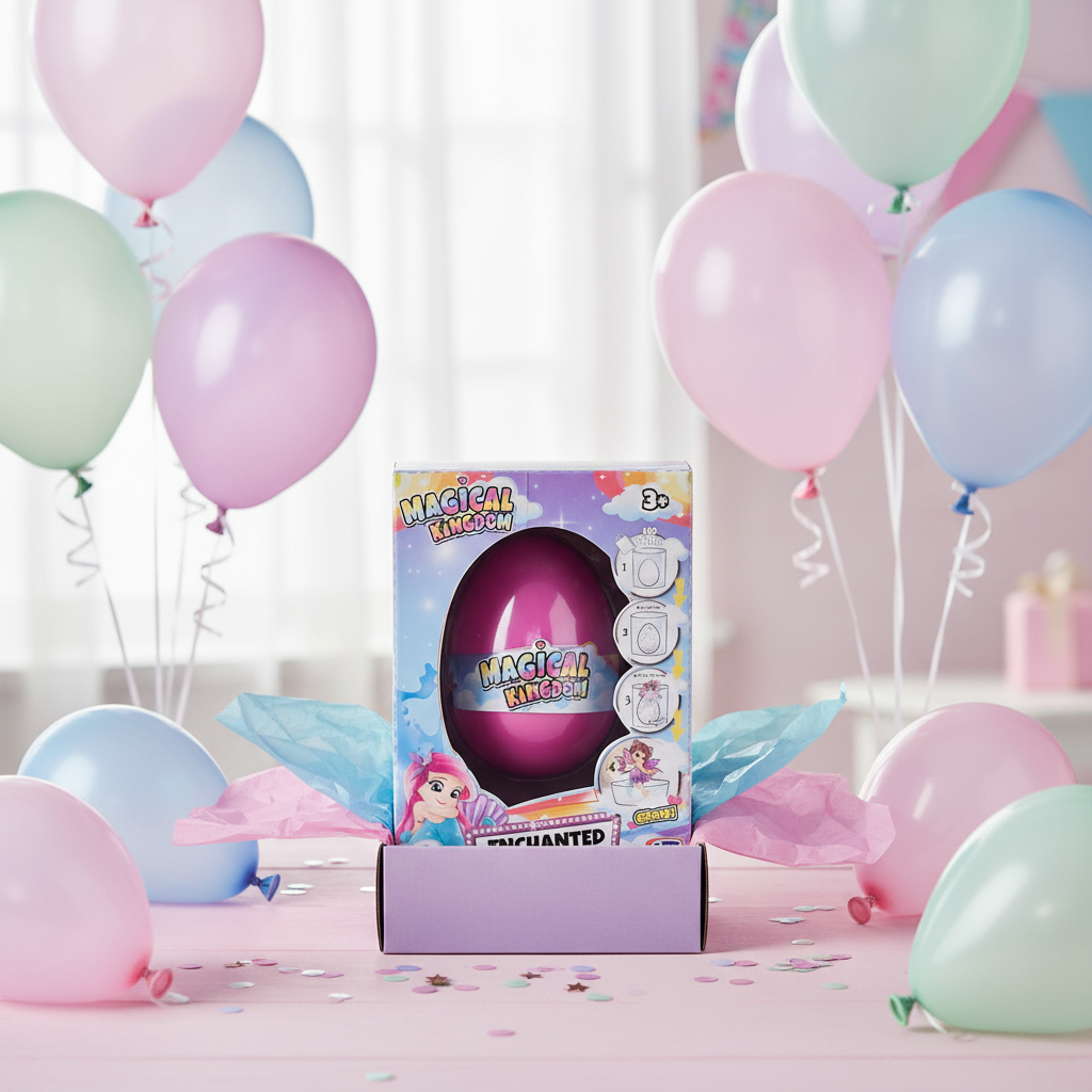 Magical Kingdom Enchanted Egg presented as a birthday gift in a box with balloons and confetti, perfect surprise toy for kids