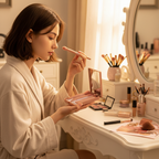 Woman using portable beige makeup brush set with mirror at vanity table in warm golden hour lighting