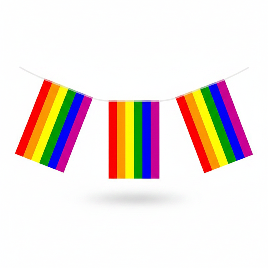 Gay Pride rainbow flag bunting with 24 nylon flags on white string on pure white studio background